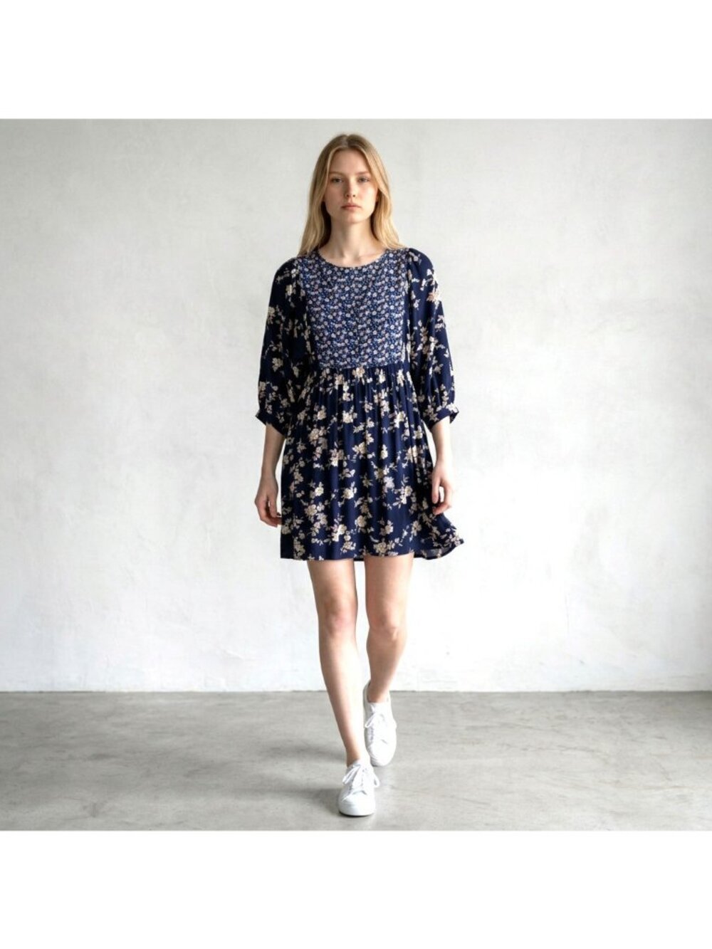 Umgee Dress Womens S Blue Floral Mini Trapeze Swing Boho Casual Cottage Coquette